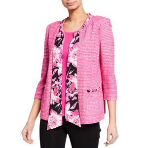 Misook Floral-Print Tie-Neck 3/4 Sleeve Tweed Jacket